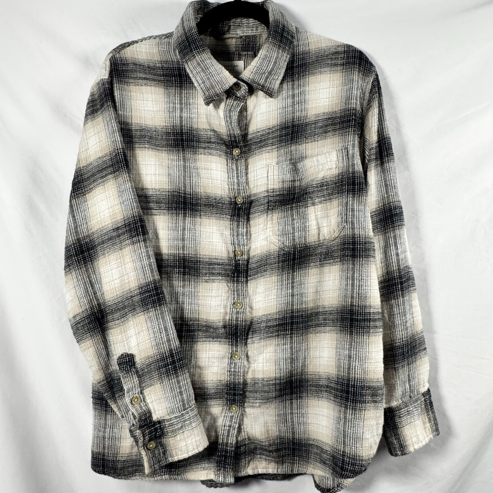 American Eagle Women's Plaid Distressed Flannel‎ Black Tan Size Large Cozy Boho